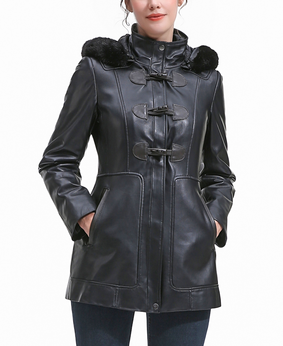 Plus Size Flora Leather Toggle Coat - Black