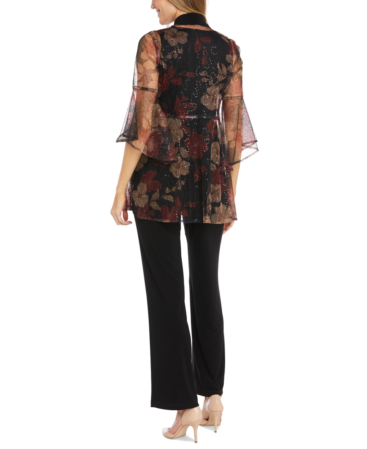 R & M Richards Women's Foil-lace Jacket & Pants Set In Black,red