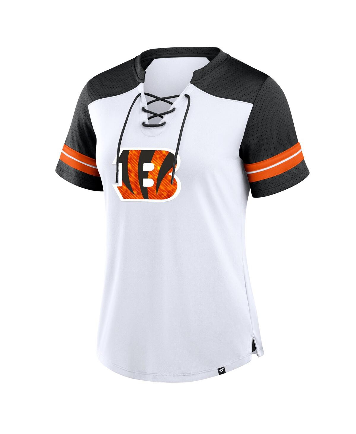 Fanatics Women's White/black Cincinnati Bengals Foiled Primary Lace-up T-shirt In White,black