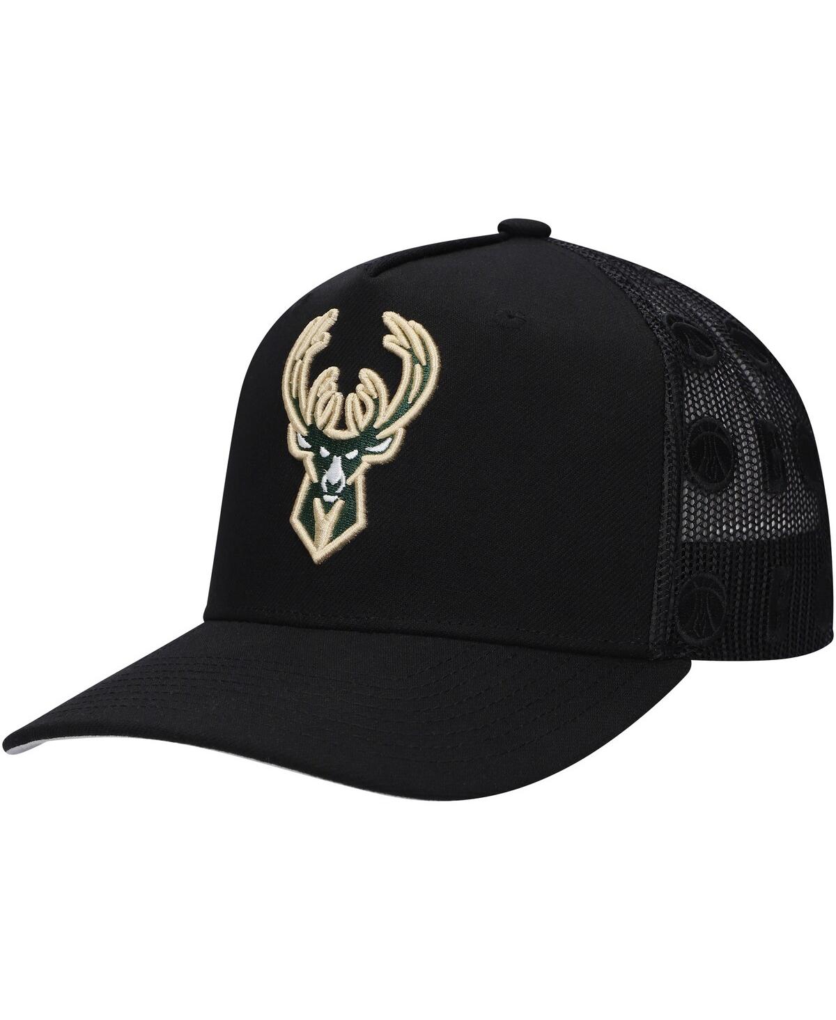Mitchell & Ness Men's Black Milwaukee Bucks Monogram All-over Logo Mesh Trucker Adjustable Hat In Black