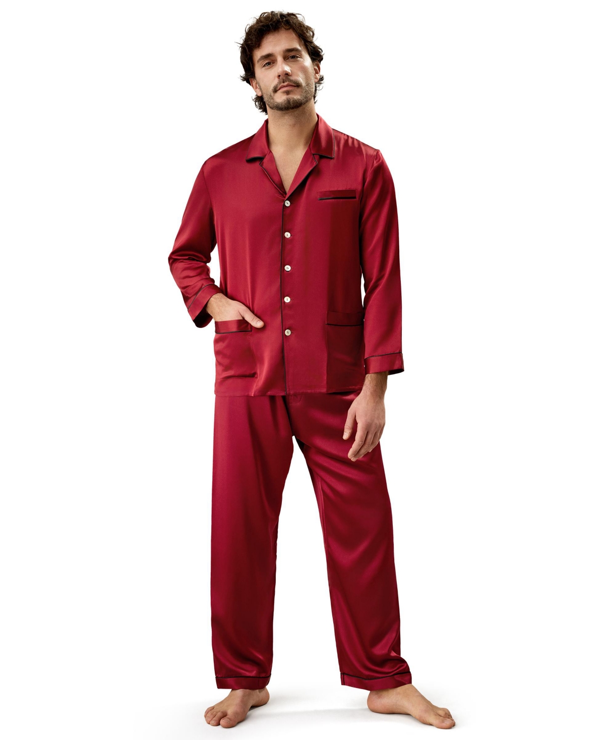 Men's 22 Momme Long Silk Pajamas Set with Contrast Trim for Men - Black