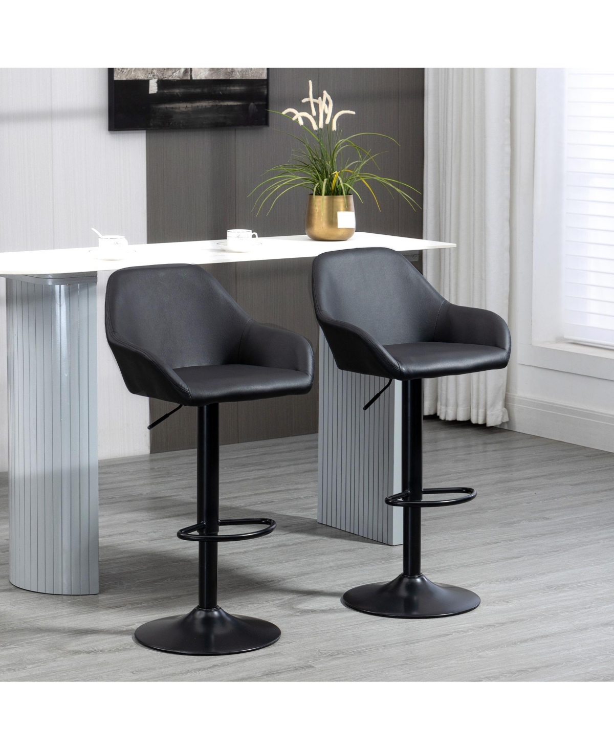 Homcom Set of 2 Pu Adjustable Swivel Bar Stool Chairs W/ Footrest for Kitchen,- Black