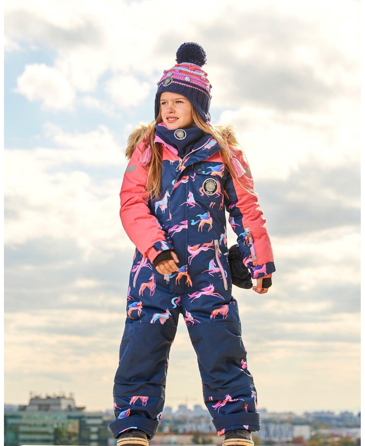 Deux par Deux Toddler Girls One Piece Snowsuit- Navy printed unicorn