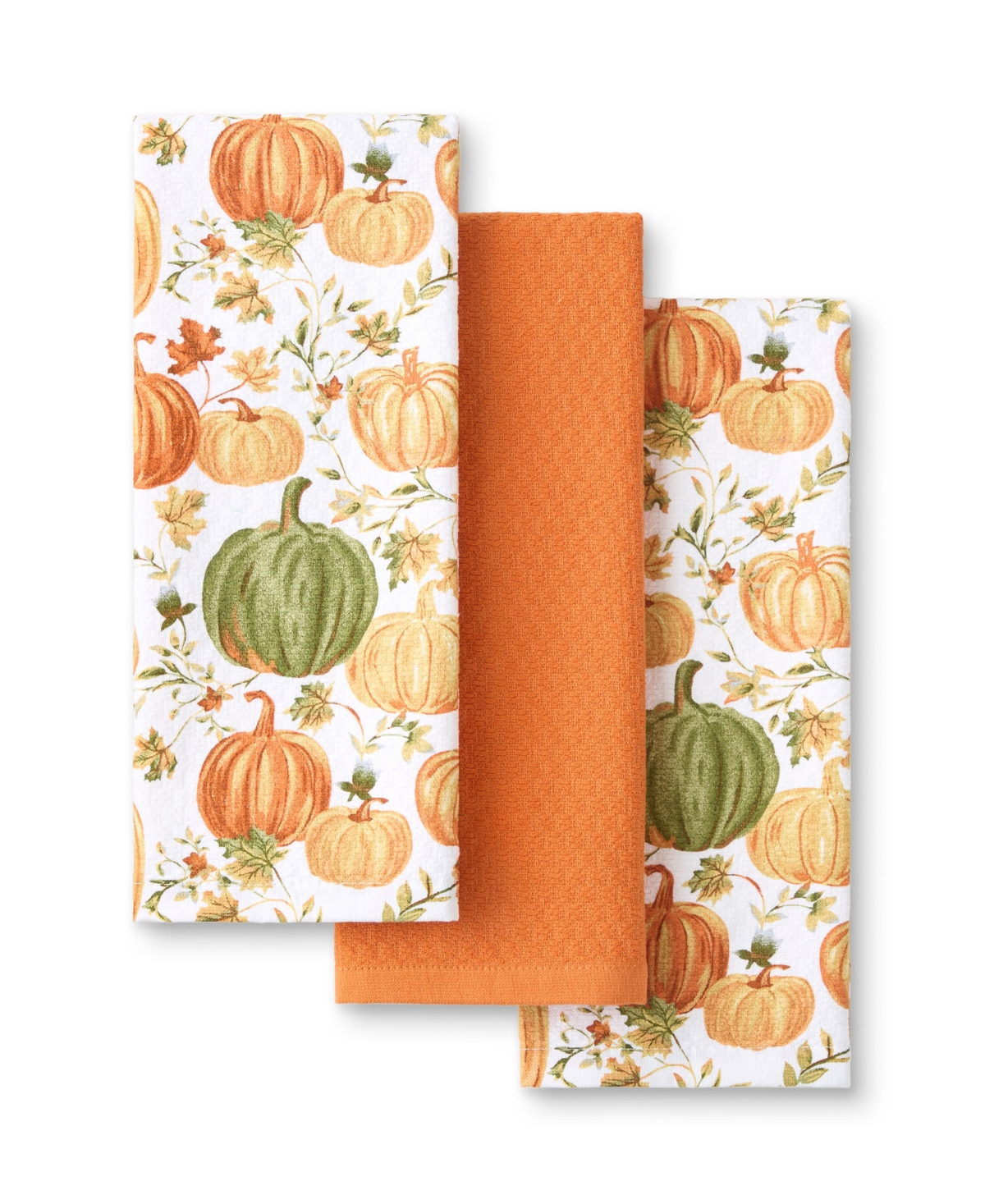 Autumn Harvest Pumpkins Kitchen Towel, Set of 3 - Orange/Green/Ivory