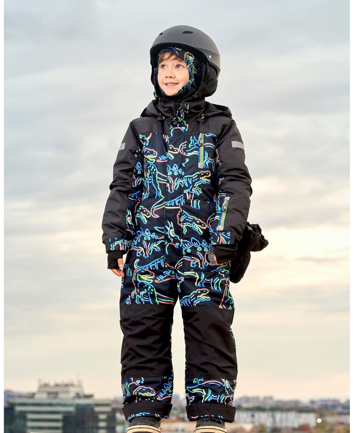 Deux par Deux Toddler Boys One Piece Snowsuit- Black printed dinos