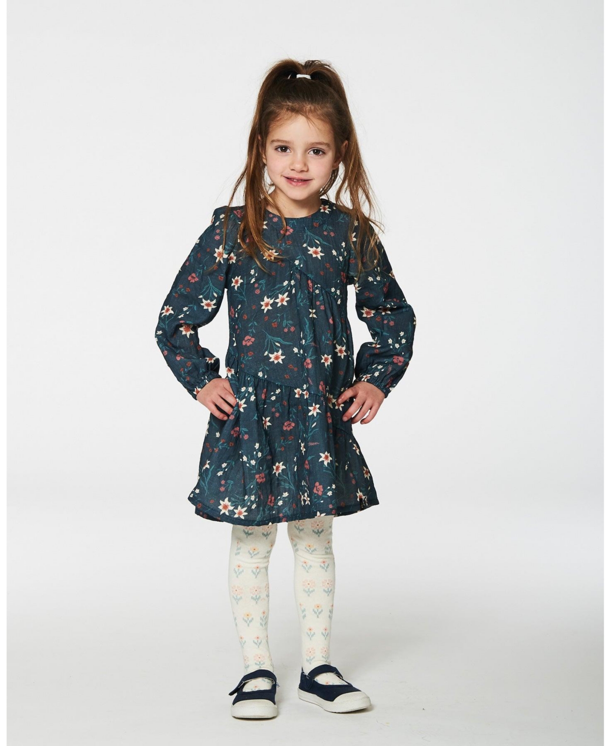 Deux par Deux Baby Girls Baby Long Sleeve Muslin Dress- Teal printed flowers