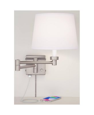 Vero Modern Swing Arm Wall Lamp Brushed Nickel Plug-in Light Fixture with USB Charging Port White Drum Shade for Bedroom Bedside Reading