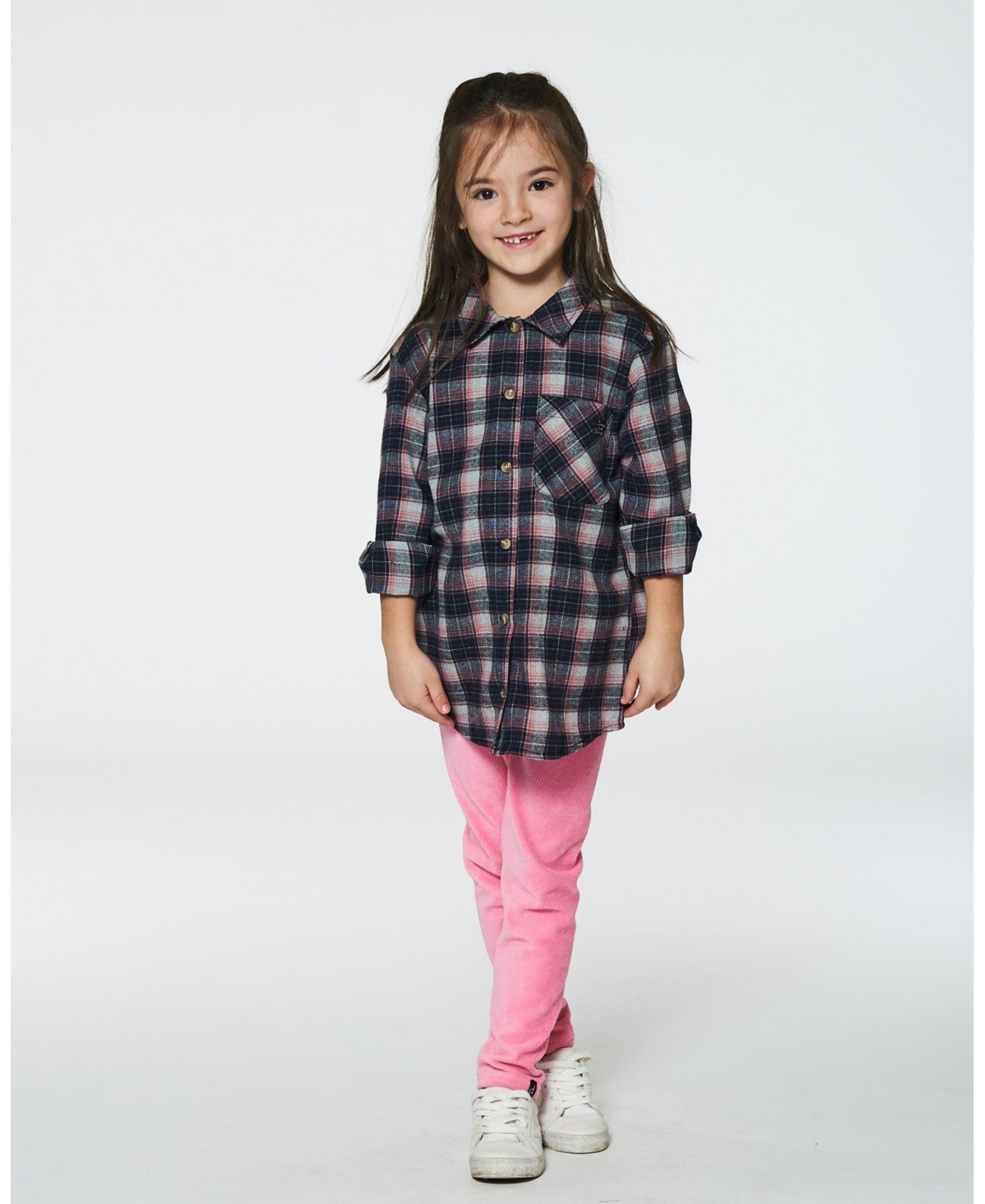 Deux par Deux Big Girls Long Sleeve Button Front Tunic Flannel Shirt Plaid Navy And Pink - Plaid navy and pink