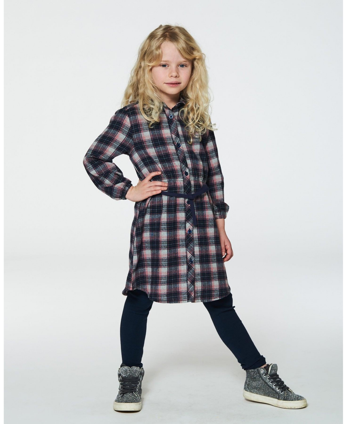 Deux par Deux Big Girls Shirt Flannel Dress With Belt Plaid Navy And Pink - Plaid navy and pink