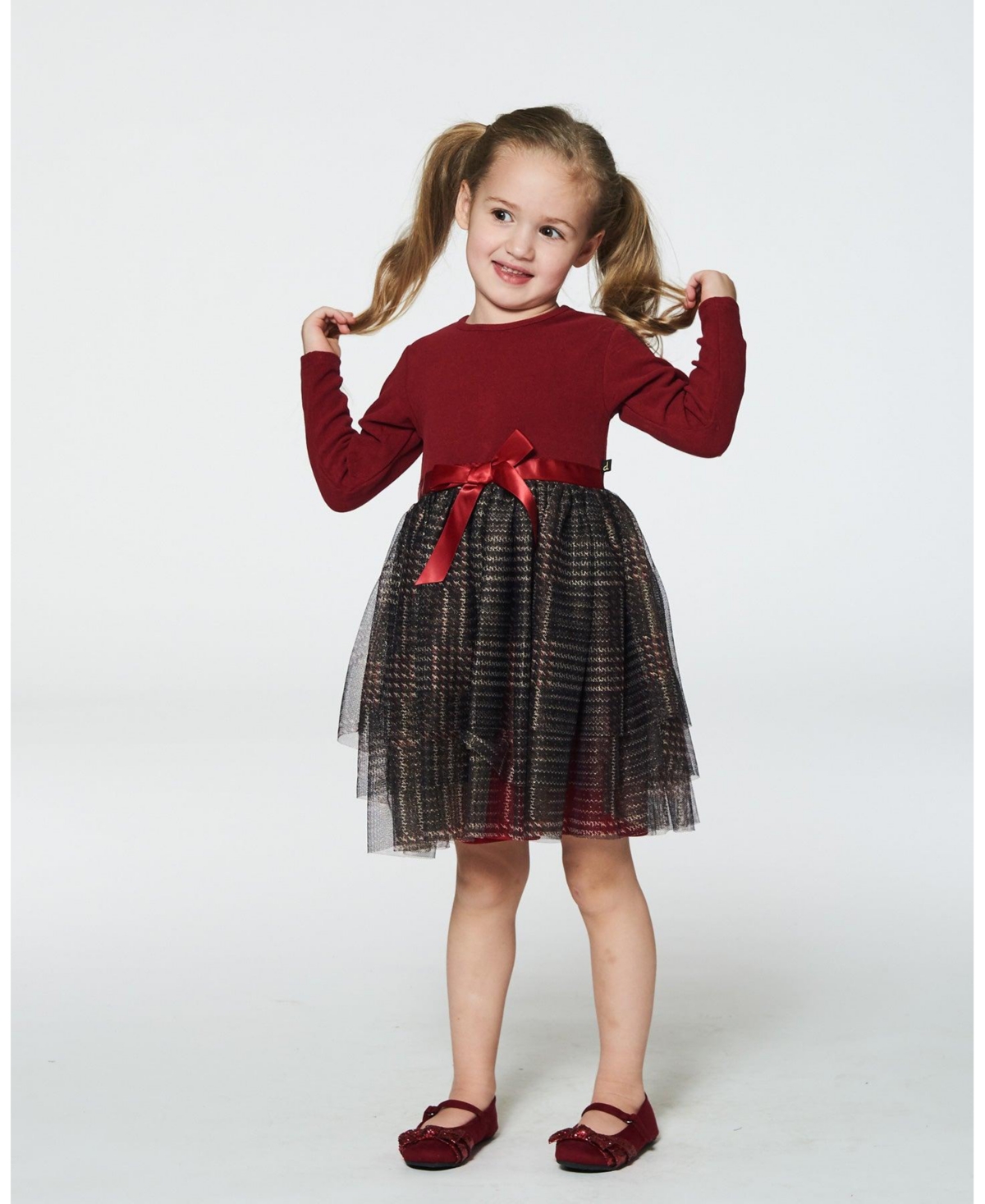 Deux par Deux Big Girls Bi-Material Dress With Glittering Tulle Skirt- Red plaid