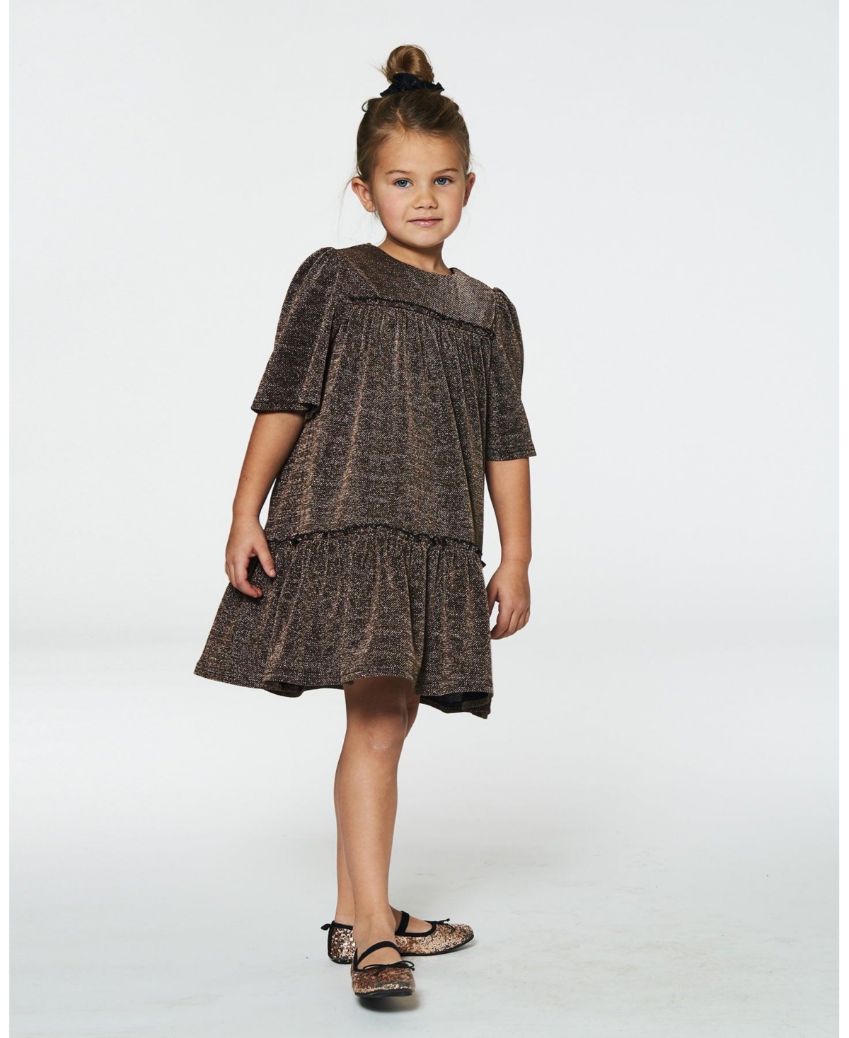 Deux par Deux Big Girls Short Sleeve Metallic Dress With Frills- Golden brown