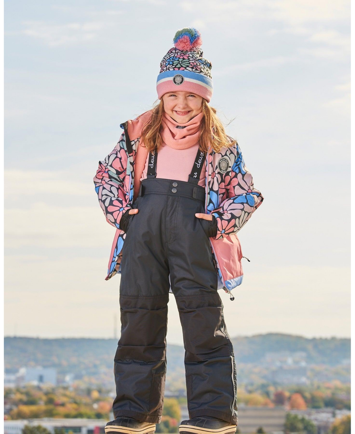 Deux par Deux Big Girls Two Piece Snowsuit Printed Retro Flowers With Black - Printed retro flowers with black