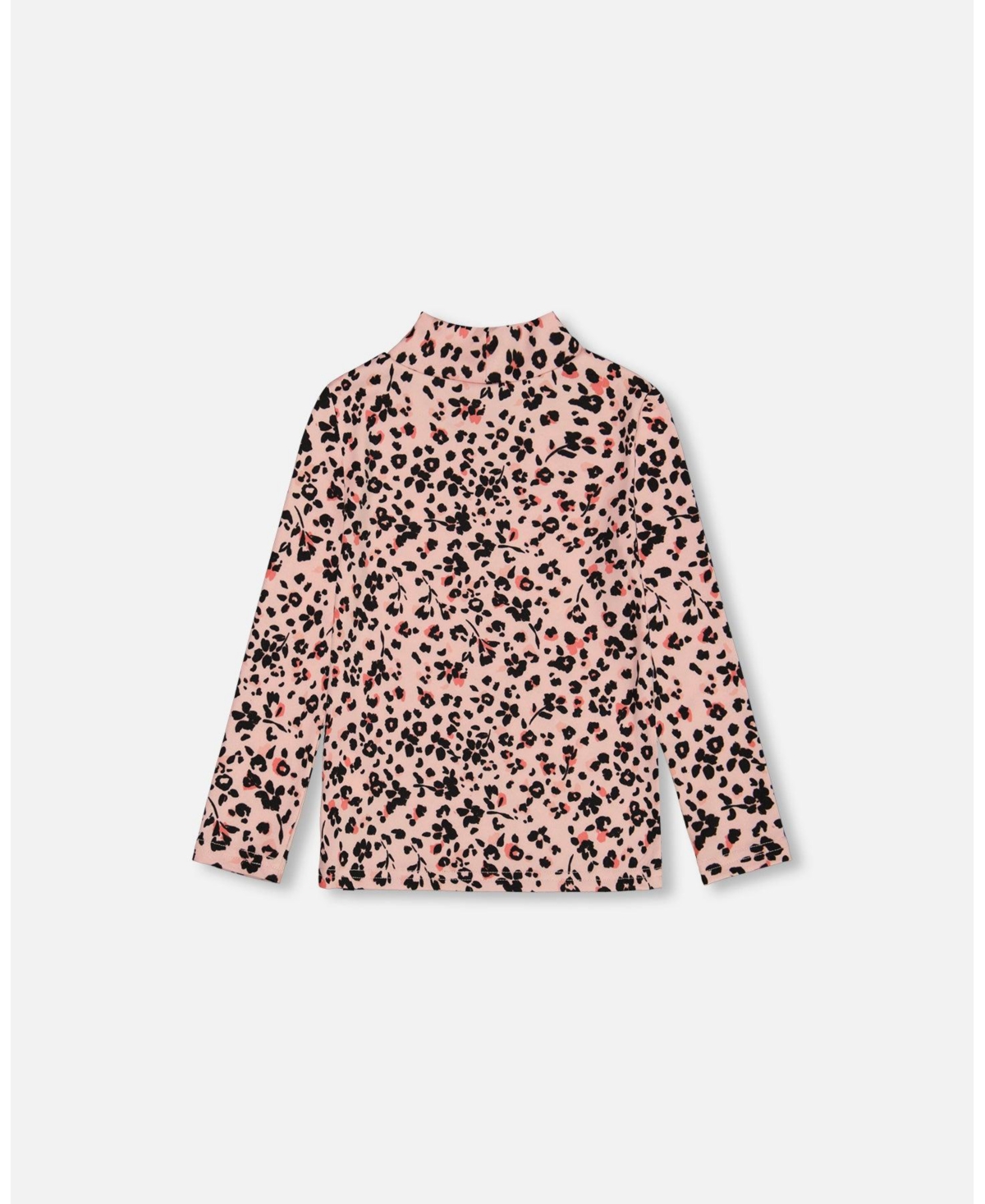 Deux par Deux Big Girls Long Sleeve Mock Neck Top- Pink printed leopard flowers