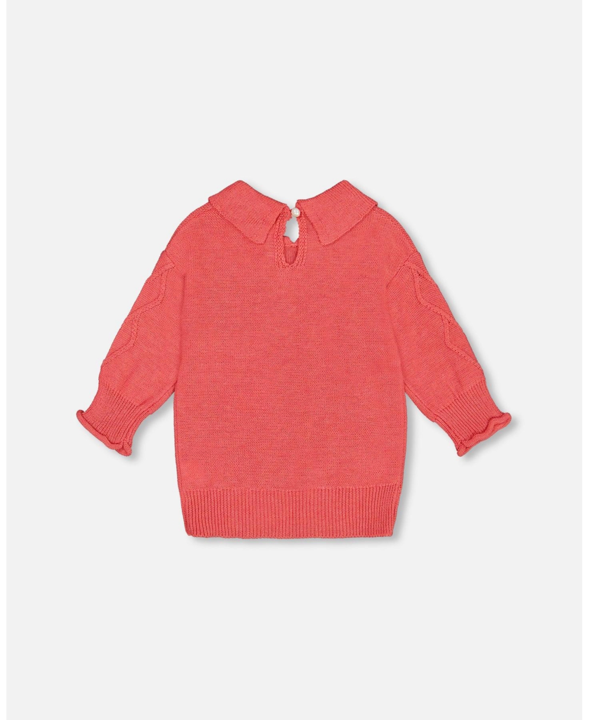 Deux par Deux Big Girls 3/4 Knit Sweater With Collar- Coral