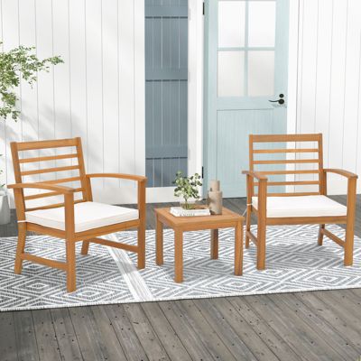 3PCS Furniture Set Acacia Wood Conversation Set w/ Soft Seat Cushions Outdoor White