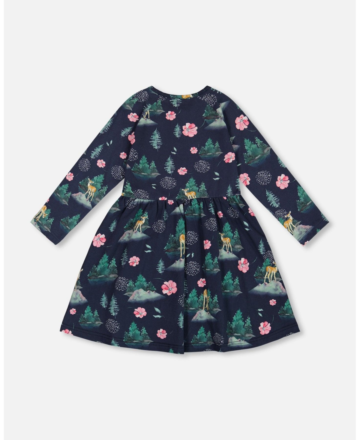 Deux par Deux Big Girls Jersey Long Sleeve Dress- Navy printed bambi