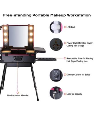 Rolling Makeup Case with Bulb Mirror Adjustable Leg Detachable Wheel
