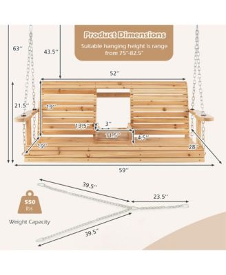 2-seat Wood Swing Bench with Folding Cup Holder and Sturdy Metal Hanging Chains