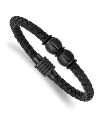 Stainless Steel Black Ip Plated Black Leather Rubber Bracelet
