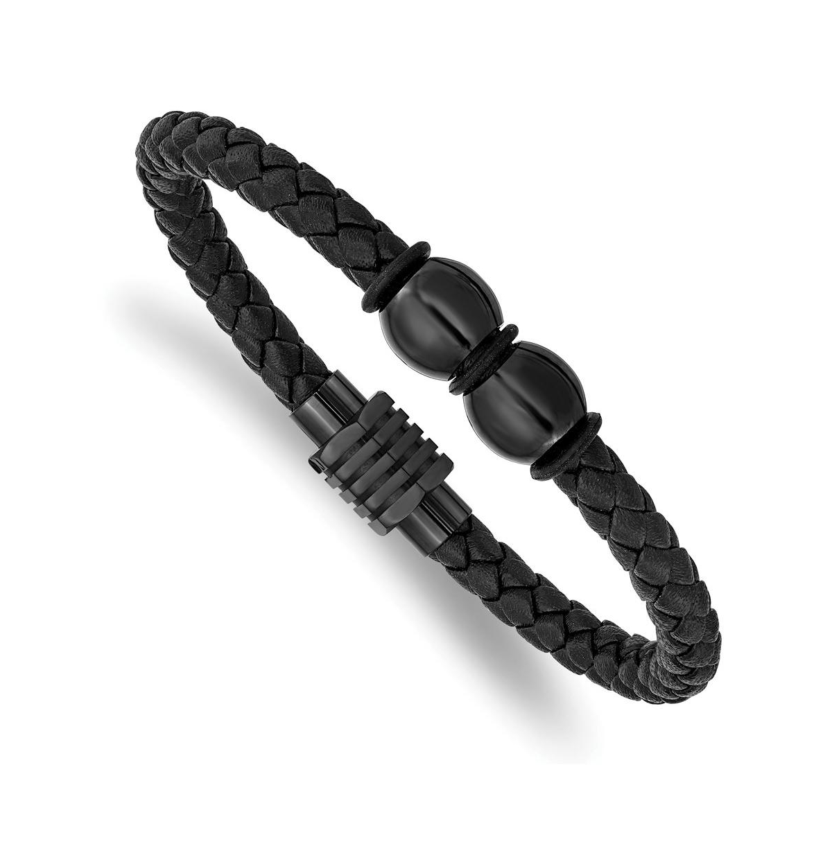 Stainless Steel Black Ip-plated Black Leather Rubber Bracelet