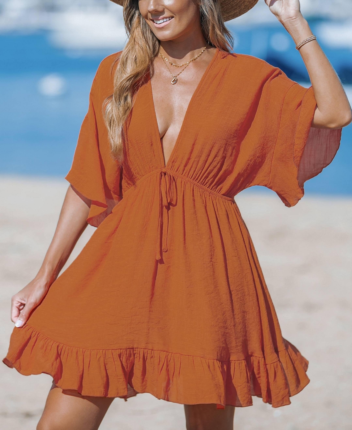 Cupshe Women's Ruffled Tie Front Mini Cover-Up Dress