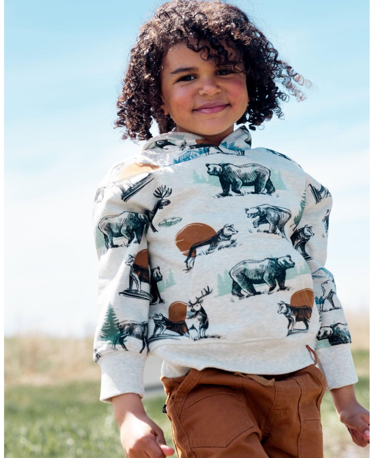 Deux par Deux Big Boys Printed Forest Animals Fleece Hooded Sweatshirt Gray Mix