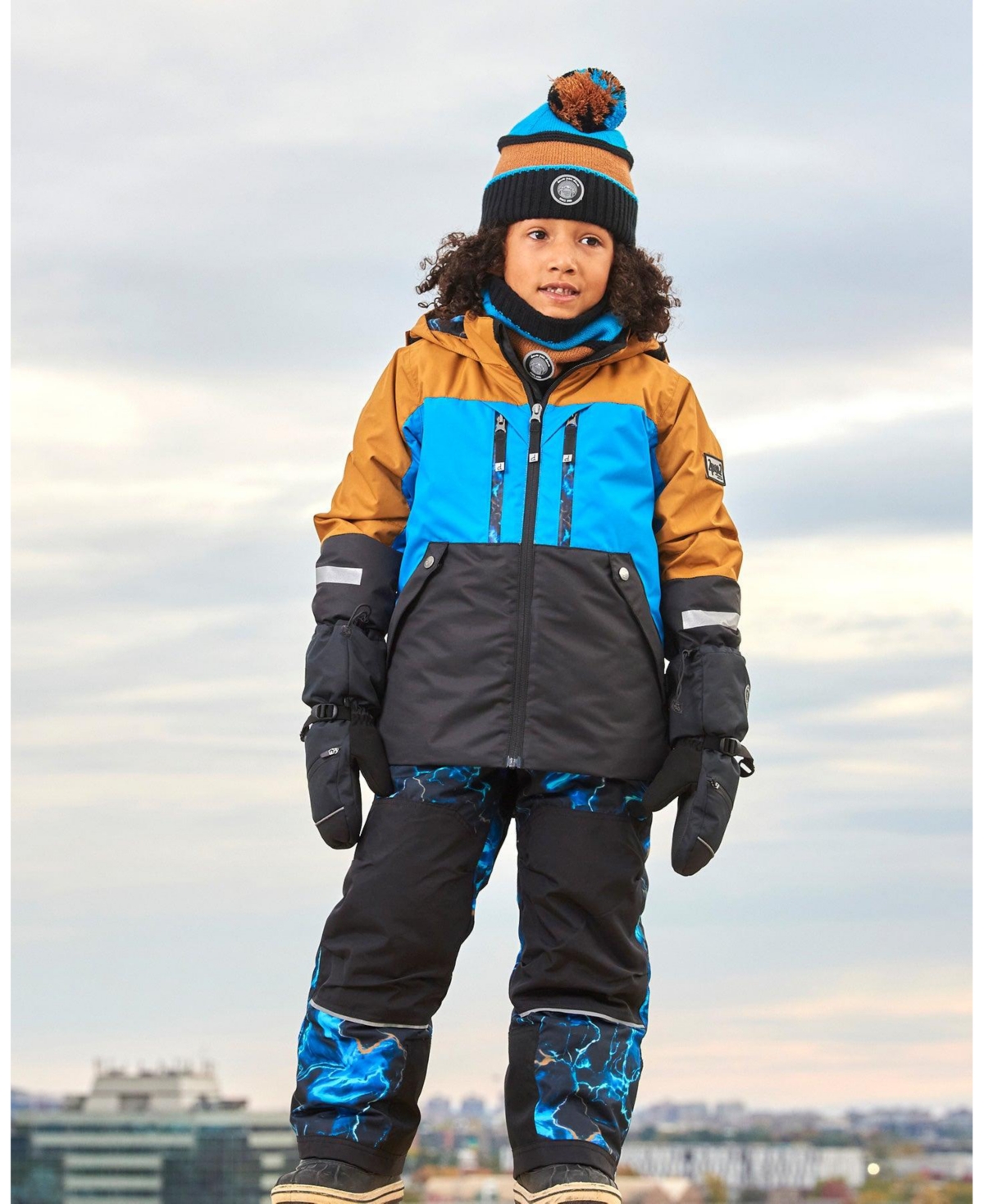 Deux par Deux Big Boys Two Piece Technical Snowsuit Brown, Blue And Black With Printed Storm - Colorblock and printed storm
