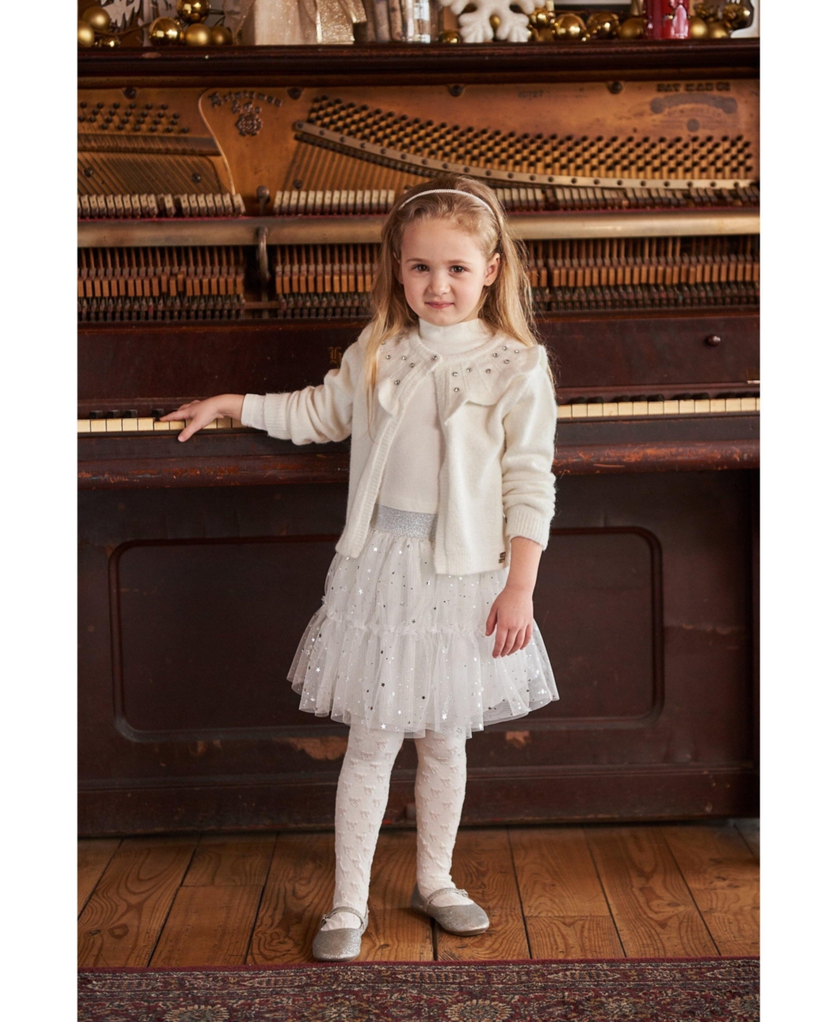 Deux par Deux Big Girls Knitted Cardigan With Beaded Collar- Off white