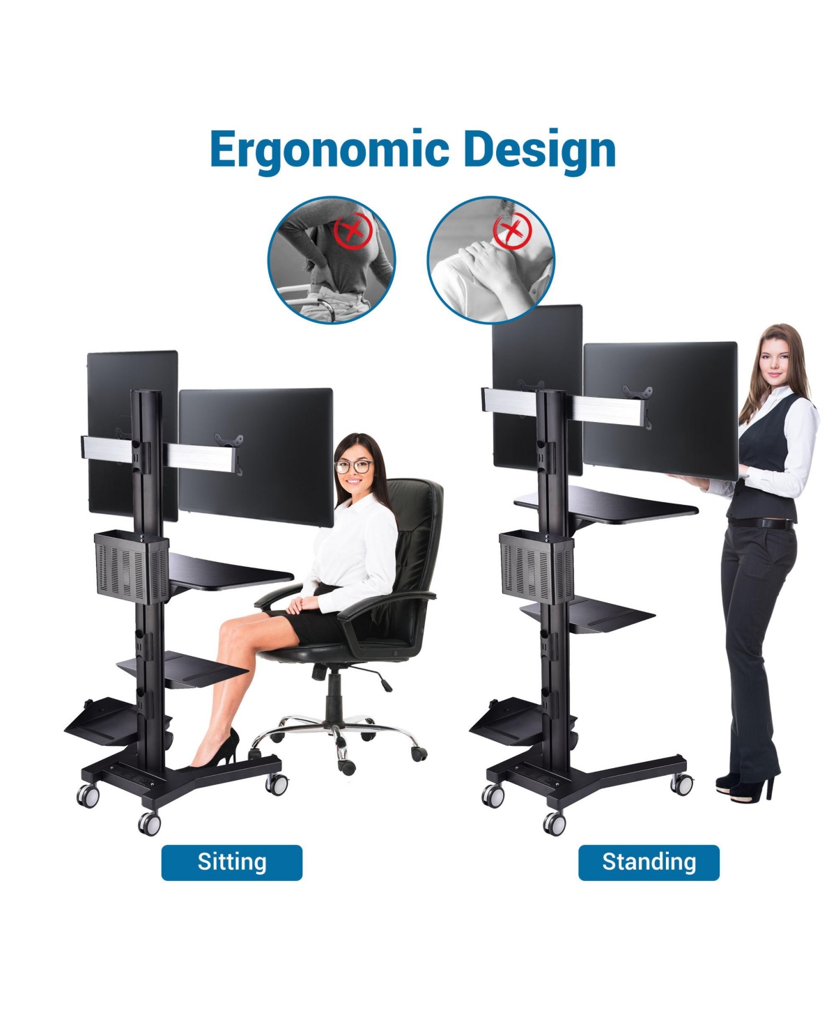 Yescom 2-Monitor Holder Pc Mobile Cart Computer Printer Workstaion Desk Black