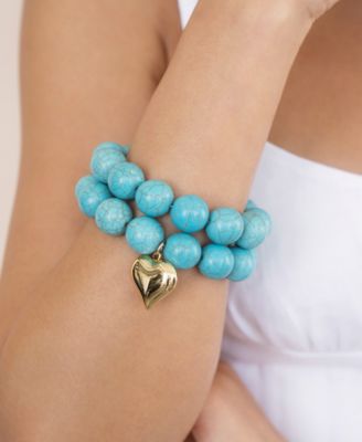 Turquoise and Gold Heart Beaded Elastic Bracelet Set