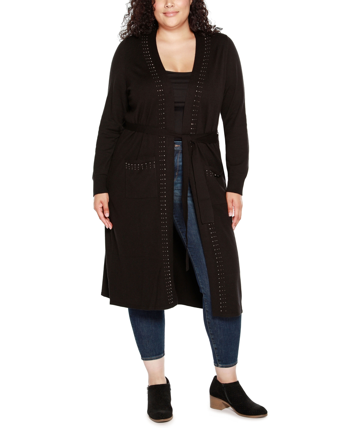 Belldini Black Label Plus Size Rhinestone-trim Belted Duster Cardigan Sweater In Black