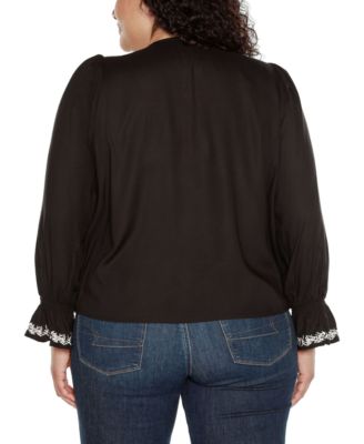 Black Label Plus Size Tie-Neck Embroidered-Front Blouse