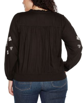 Black Label Plus Size Embroidered Blouson Sleeve V-Neck Blouse