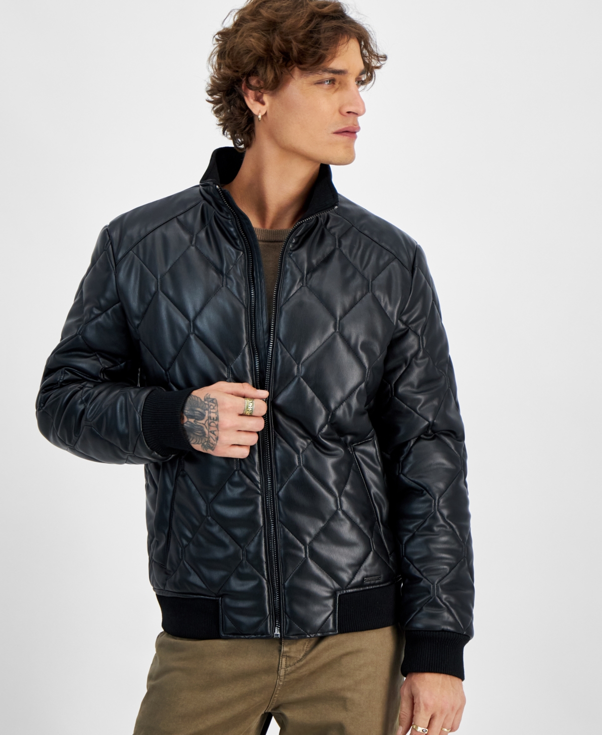 Guess Men's Quilted Full-Zip Faux-Leather Jacket - Jet Black A996