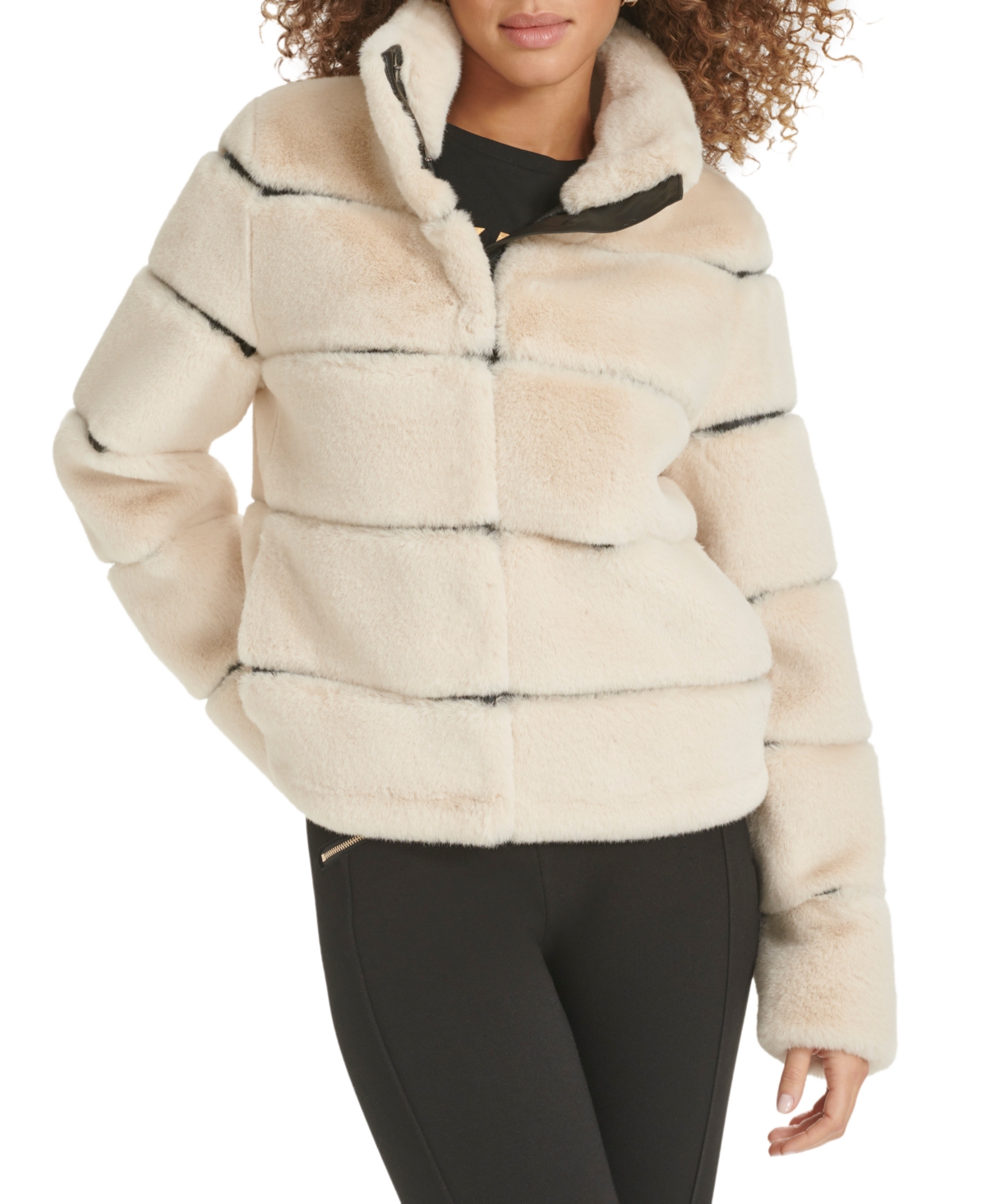 Karl Lagerfeld Paris Womens Faux-Leather Trim Faux-Fur Short Coat