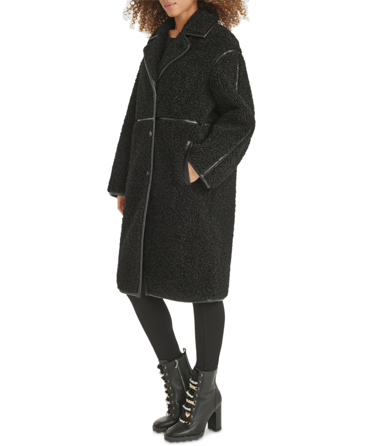 Karl Lagerfeld Paris Women's Faux-Leather-Trim Teddy Coat