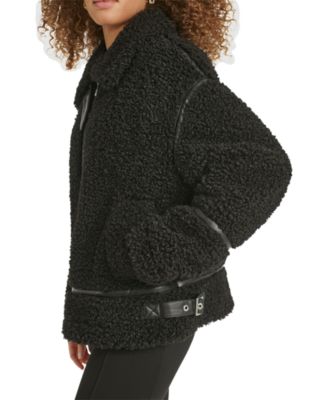 Women's Faux-Leather-Trim Teddy Moto Coat