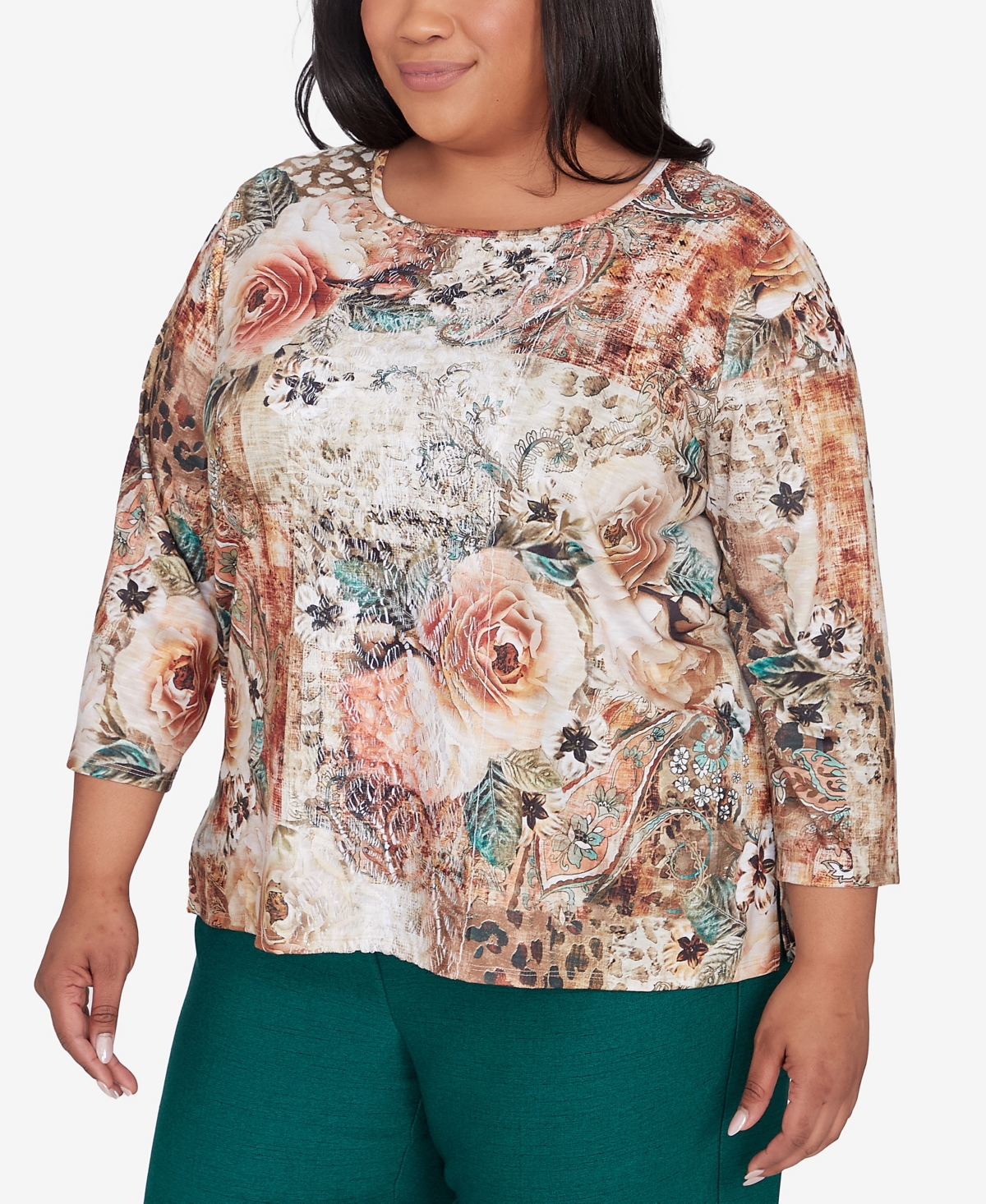 Alfred Dunner Plus Size Emerald Isle Center Lace Floral Print Top
