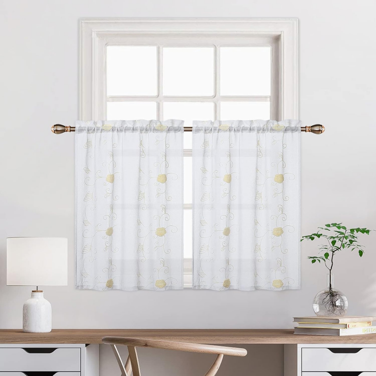 Caromio Floral Embroidered Voile Sheer Kitchen Tier Curtain Pair, 52