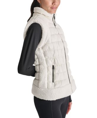 Women's Horizontal Channel Quilted Mock Neck Puffer Vest with Sherpa
