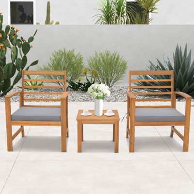 3PCS Furniture Set Acacia Wood Conversation Set w/ Soft Seat Cushions Outdoor Gray