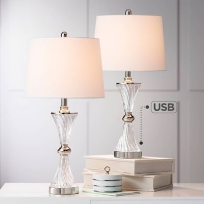 Luca Modern Table Lamps 25 1/2" High Set of 2 Twisted Glass with USB Charging Port White Drum Shade for Bedroom Living Room Office Desk