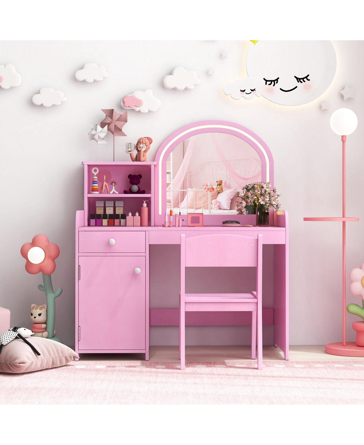 Costway Kid Vanity Table Chair Set 2-Color Led Lights Drawer Shelf Cabinet