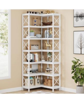 7 Shelf Corner Bookcase, Industrial Large Corner Bookshelf with Metal Frame