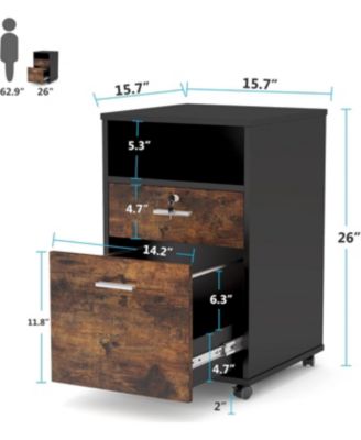 Mobile File Cabinet with Lock, 2 Drawer Wood Filing Cabinet for Letter Size, Modern Printer Stand with Rolling Wheels Open Storage Shelf for Home Office