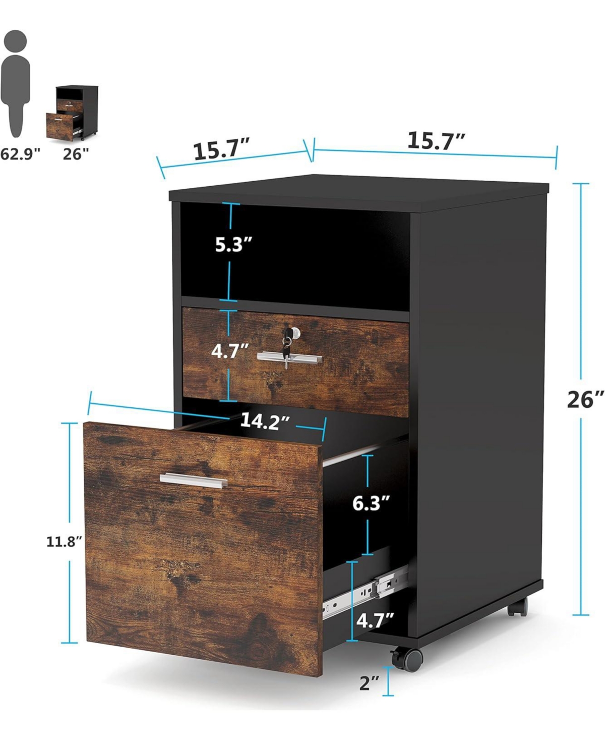 Tribesigns Mobile File Cabinet with Lock, 2 Drawer Wood Filing Cabinet for Letter Size, Modern Printer Stand with Rolling Wheels Open Storage Shelf fo
