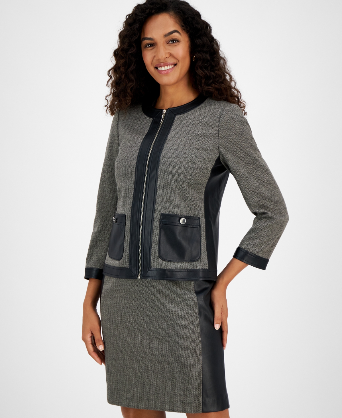 Kasper Women's Faux-Leather-Trim Herringbone Jacket -Toffee