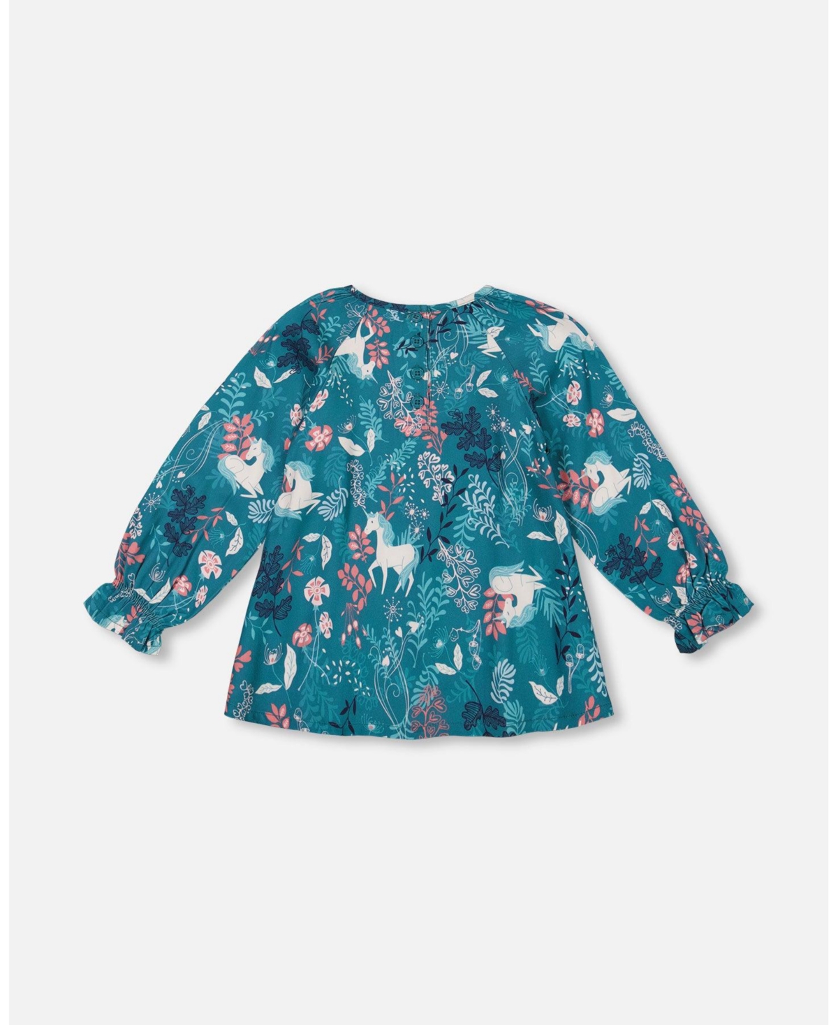 Deux par Deux Big Girls Long Sleeve Viscose Blouse- Turquoise printed fairy unicorn