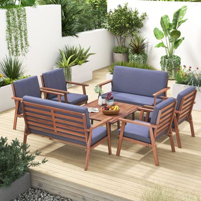 8PCS Conversation Set Acacia Wood Sofa Coffee Table w/ Cushioned Seat Patio