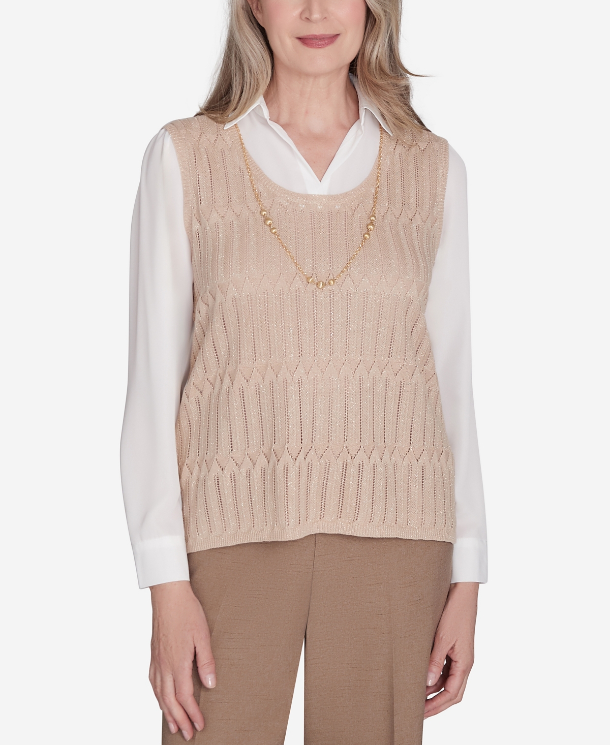 Alfred Dunner Plus Size Emerald Isle Two In One Textured Sweater Vest With A Detachable Necklace In Cashew